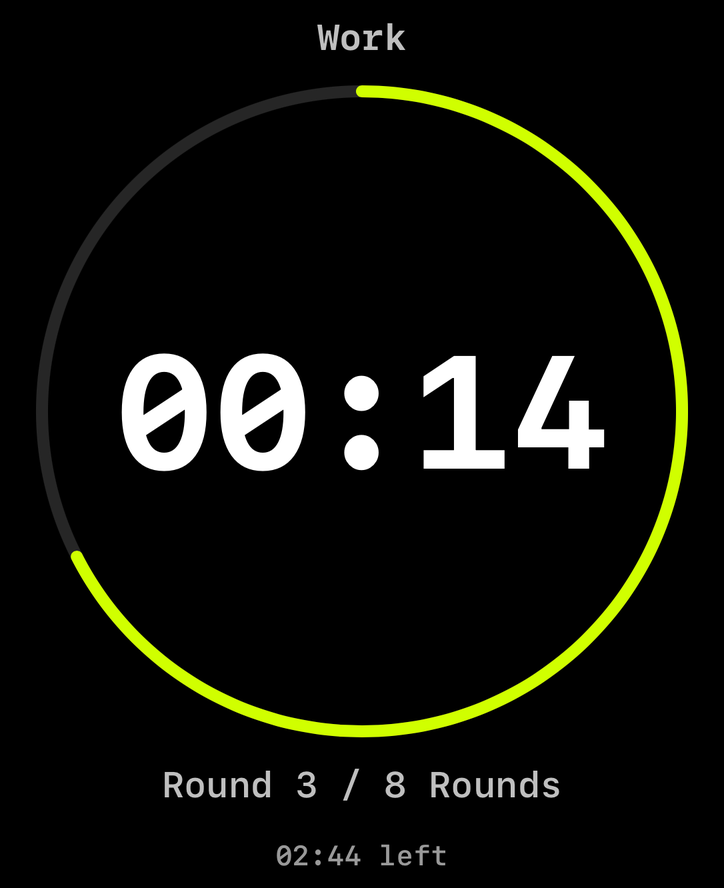 Work, 14 seconds left, inside a lime ring. Round 3 of 8, 2:44 left in the workout.