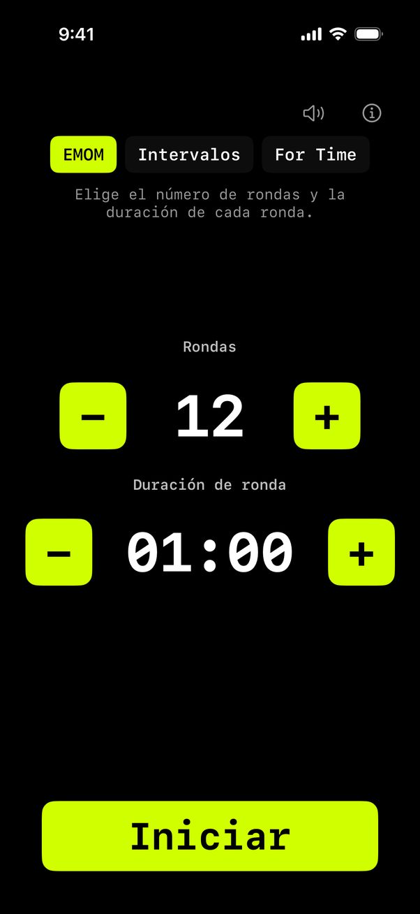 Configuración de EMOM: 12 rondas de 1:00.
