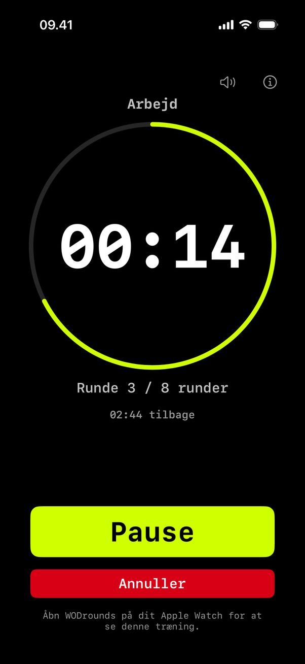 En Tabata i gang: arbejd, 14 sekunder tilbage, runde 3 af 8.
