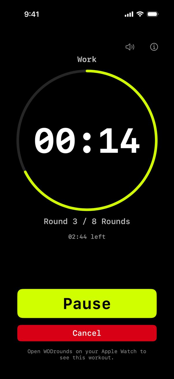 A Tabata running: work, 14 seconds left, round 3 of 8.