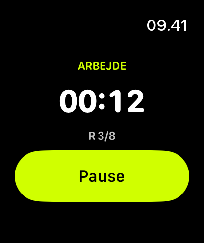 WODrounds på Apple Watch: arbejde, 12 sekunder tilbage, runde 3 af 8.