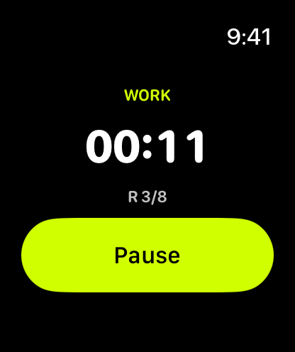 WODrounds on Apple Watch: work, 11 seconds left, round 3 of 8.