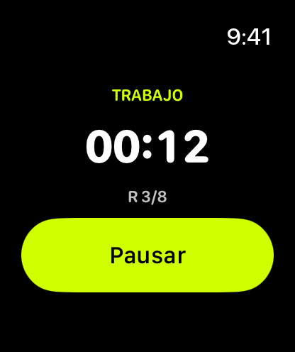WODrounds en Apple Watch: trabajo, quedan 12 segundos, ronda 3 de 8.