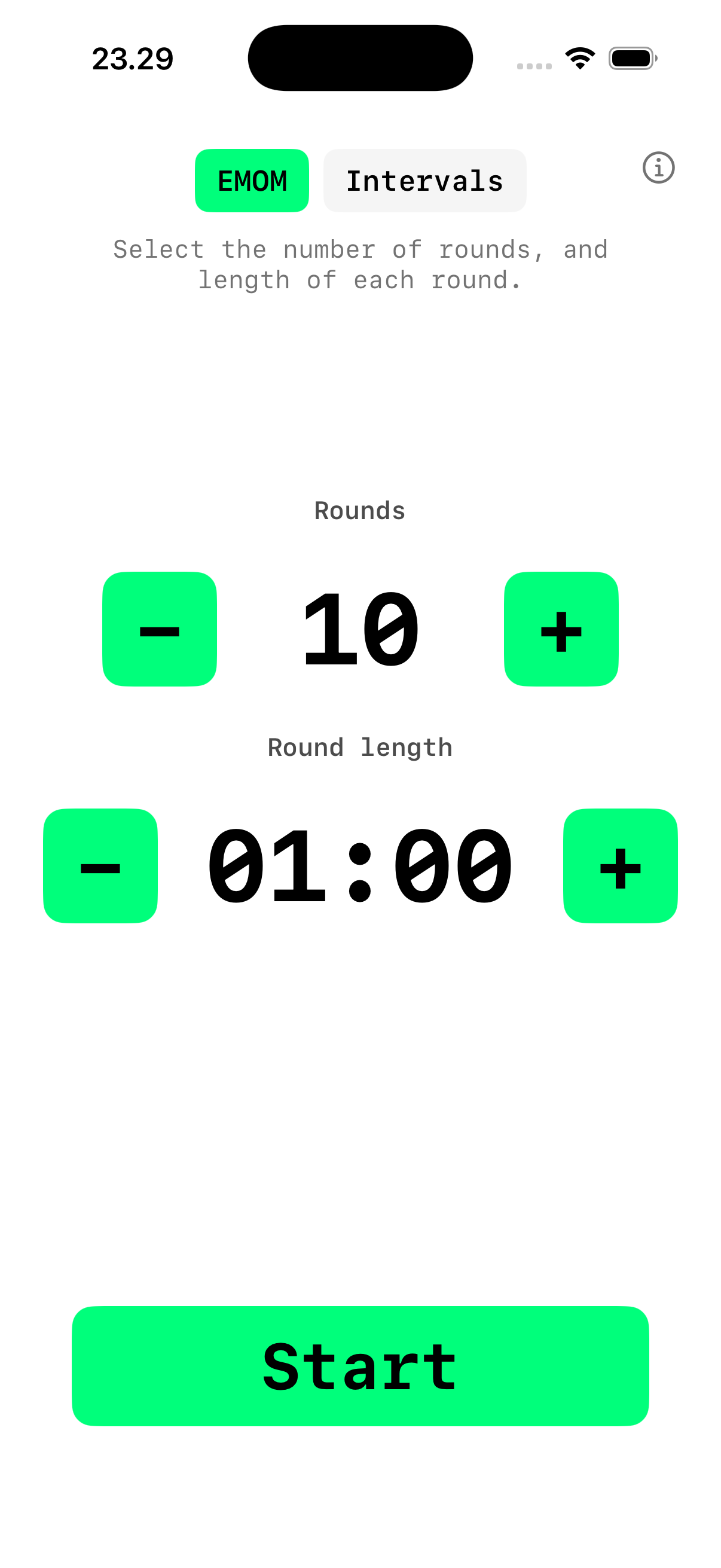 WODrounds EMOM setup screen on iPhone