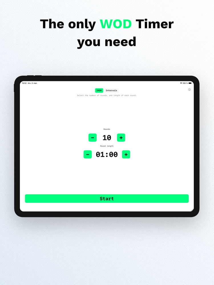 WODrounds EMOM timer on iPad showing 10 rounds setup
