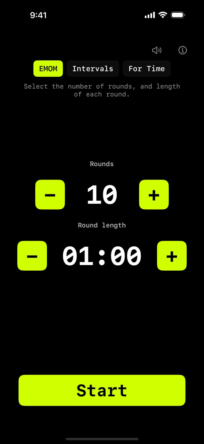 WODrounds EMOM-timer på iPhone der viser 10 runder af ét minut