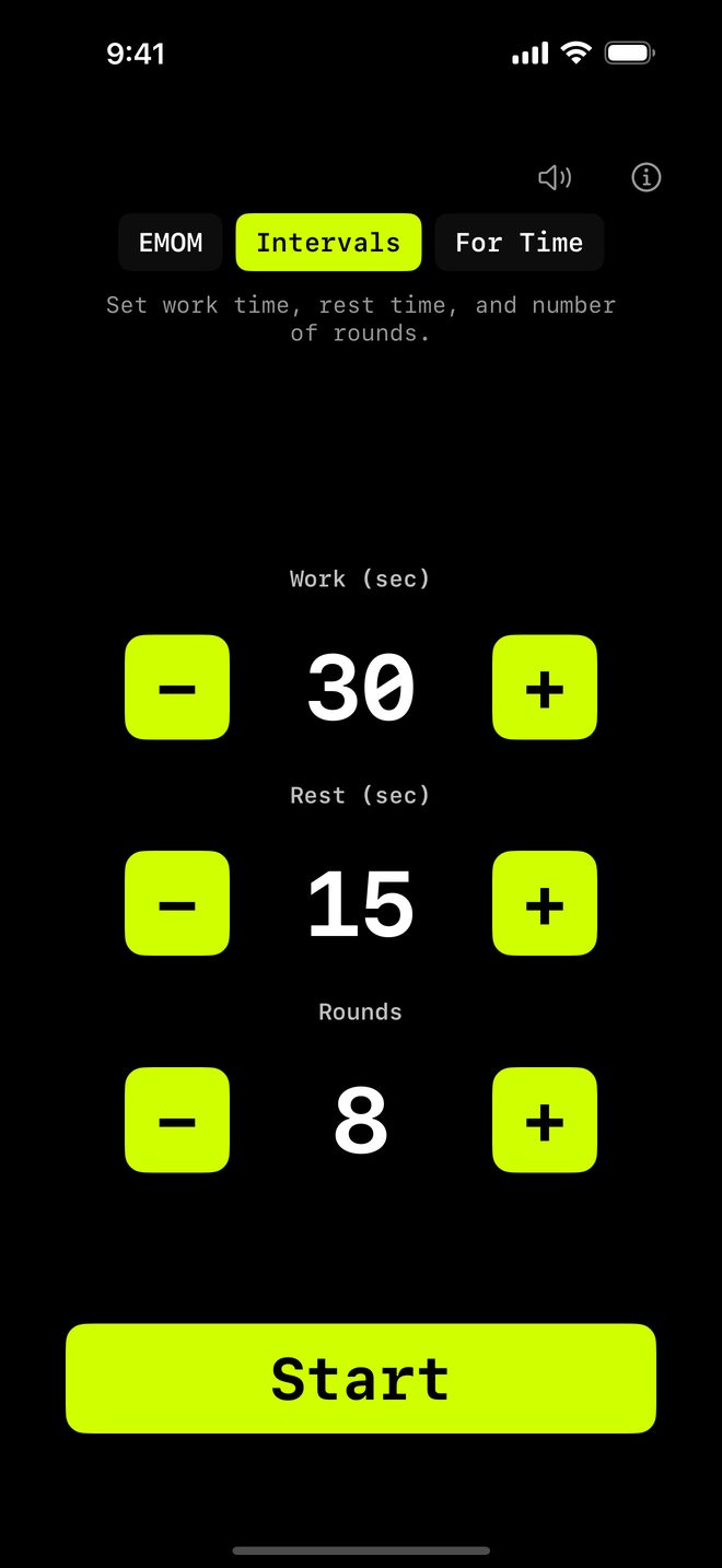 WODrounds interval-timer på iPhone der viser work 30s, rest 15s, 8 runder