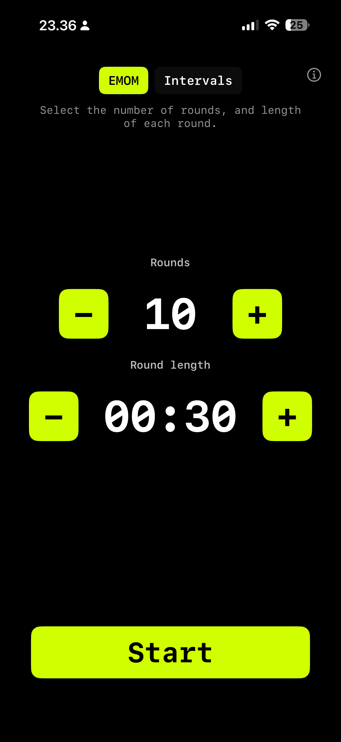 WODrounds EMOM timer on iPhone showing 10 rounds at 30 seconds each
