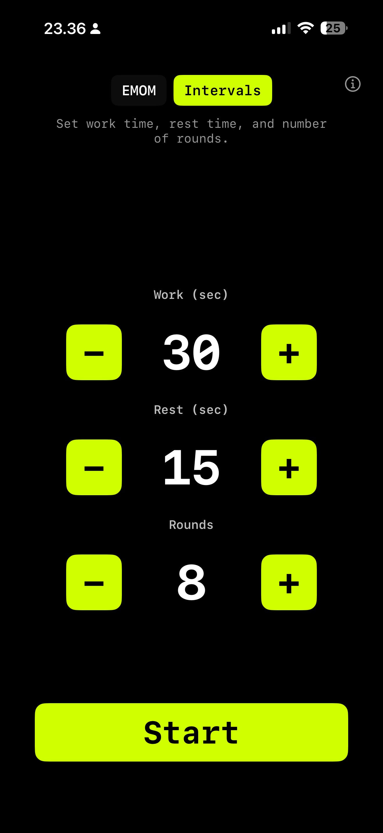 WODrounds interval timer on iPhone showing work 30s, rest 15s, 8 rounds — ready for Tabata