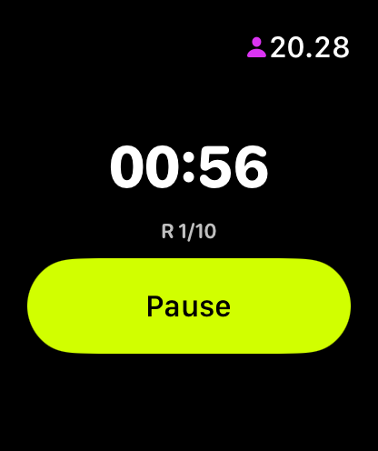 WODrounds on Apple Watch showing 00:56 remaining in round 1 of 10 with Pause button