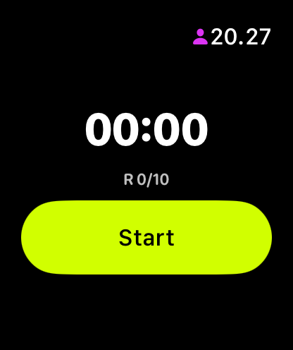 WODrounds on Apple Watch showing start screen with 00:00 R 0/10 and Start button